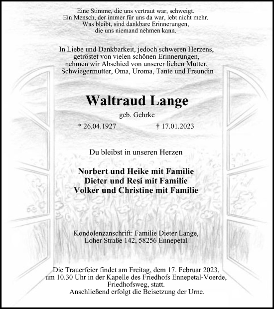 Traueranzeige von Waltraud Lange von Tageszeitung