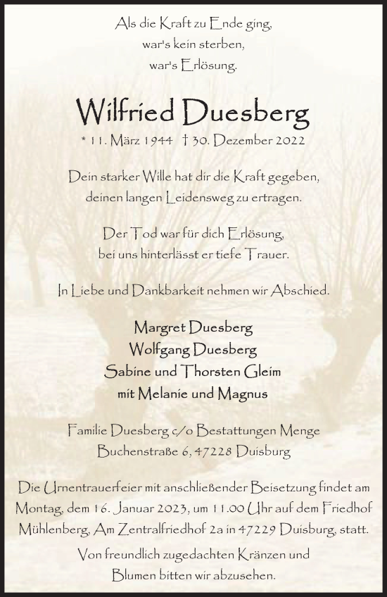Traueranzeigen von Wilfried Duesberg TrauerinNRW.de