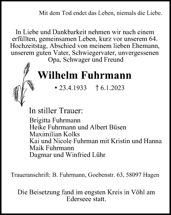 Traueranzeige von Wilhelm Fuhrmann von Tageszeitung