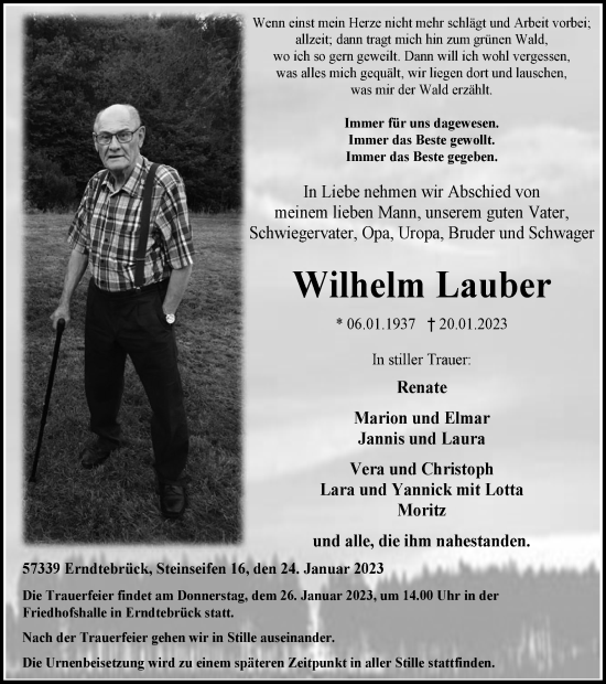 Traueranzeige von Wilhelm Lauber von Tageszeitung