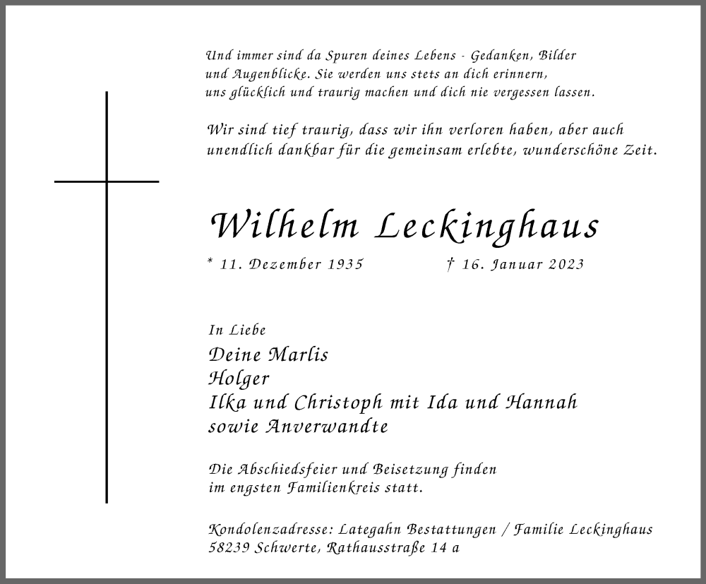  Traueranzeige für Wilhelm Leckinghaus vom 21.01.2023 aus WVW Anzeigenblätter