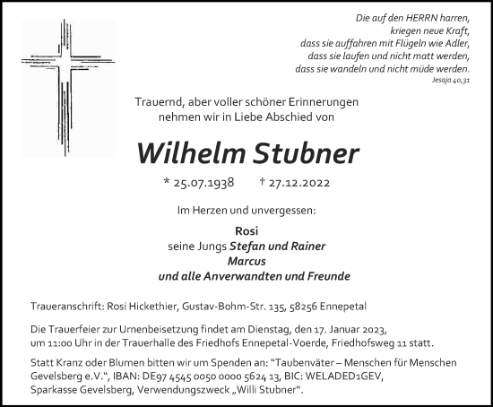 Traueranzeige von Wilhelm Stubner von Tageszeitung