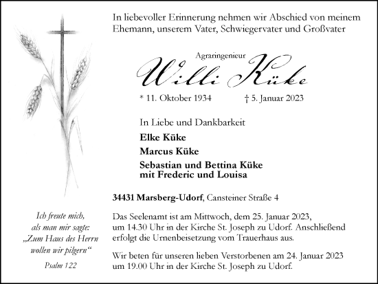 Traueranzeige von Willi Küke von Tageszeitung