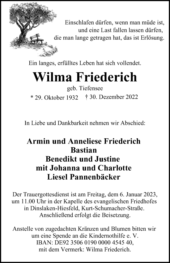 Traueranzeige von Wilma Friederich von Tageszeitung