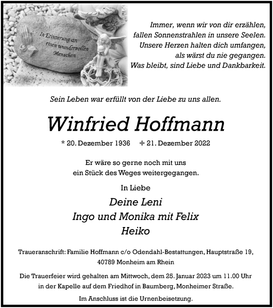 Traueranzeige von Winfried Hoffmann von WVW Anzeigenblätter