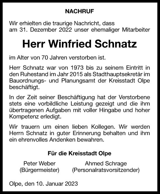 Traueranzeige von Winfried Schnatz von Tageszeitung