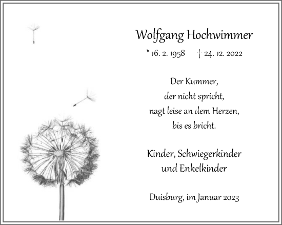 Traueranzeige von Wolfgang Hochwimmer von WVW Anzeigenblätter