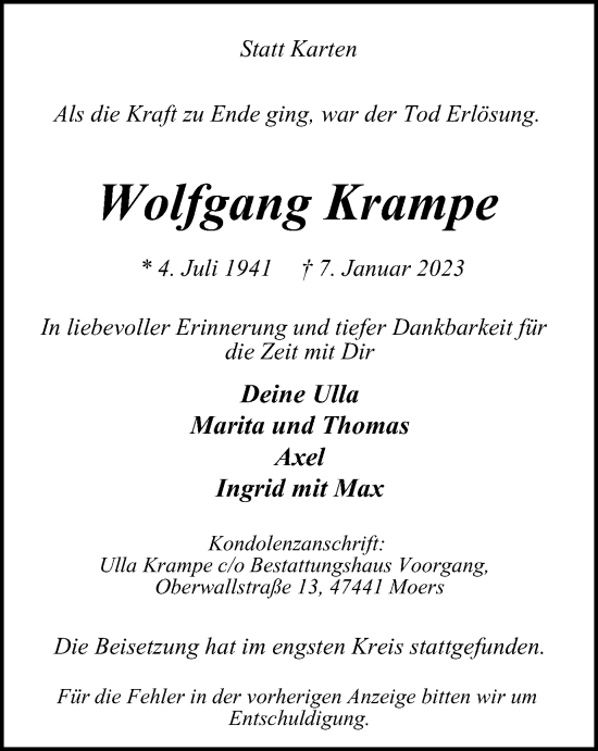 Traueranzeige von Wolfgang Krampe von Tageszeitung