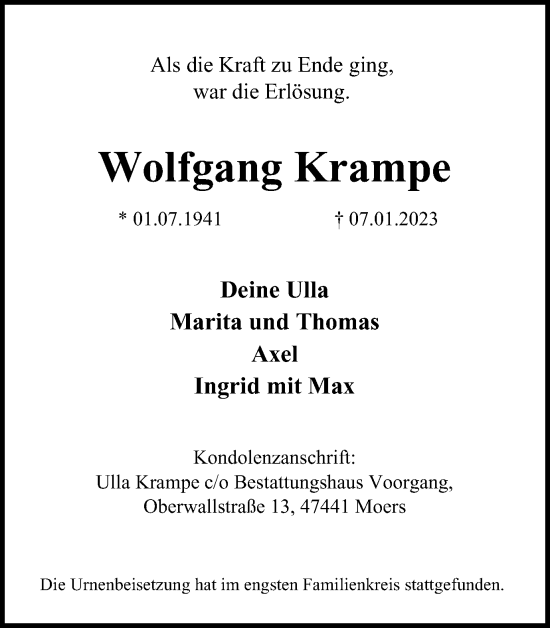 Traueranzeige von Wolfgang Krampe von Tageszeitung