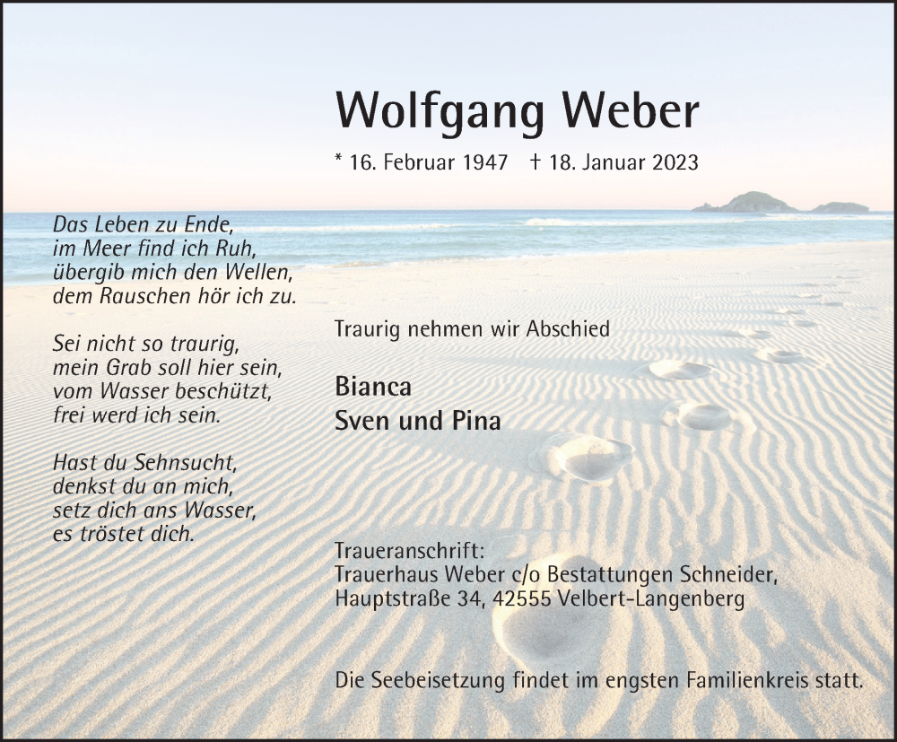 Traueranzeige für Wolfgang Weber vom 28.01.2023 aus WVW Anzeigenblätter