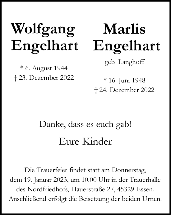 Traueranzeige von Wolfgang und Marlis Engelhart von Tageszeitung