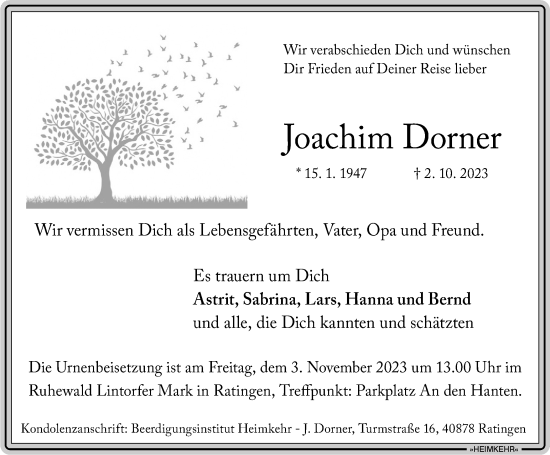 Traueranzeige von Joachim Dorner von Funke Mediengruppe