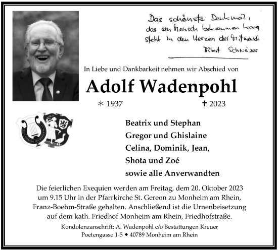 Traueranzeige von Adolf Wadenpohl von Tageszeitung