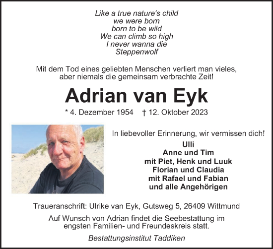 Traueranzeige von Adrian van Eyk von Tageszeitung