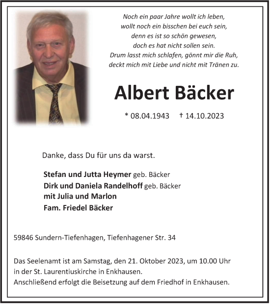 Traueranzeige von Albert Bäcker von Tageszeitung