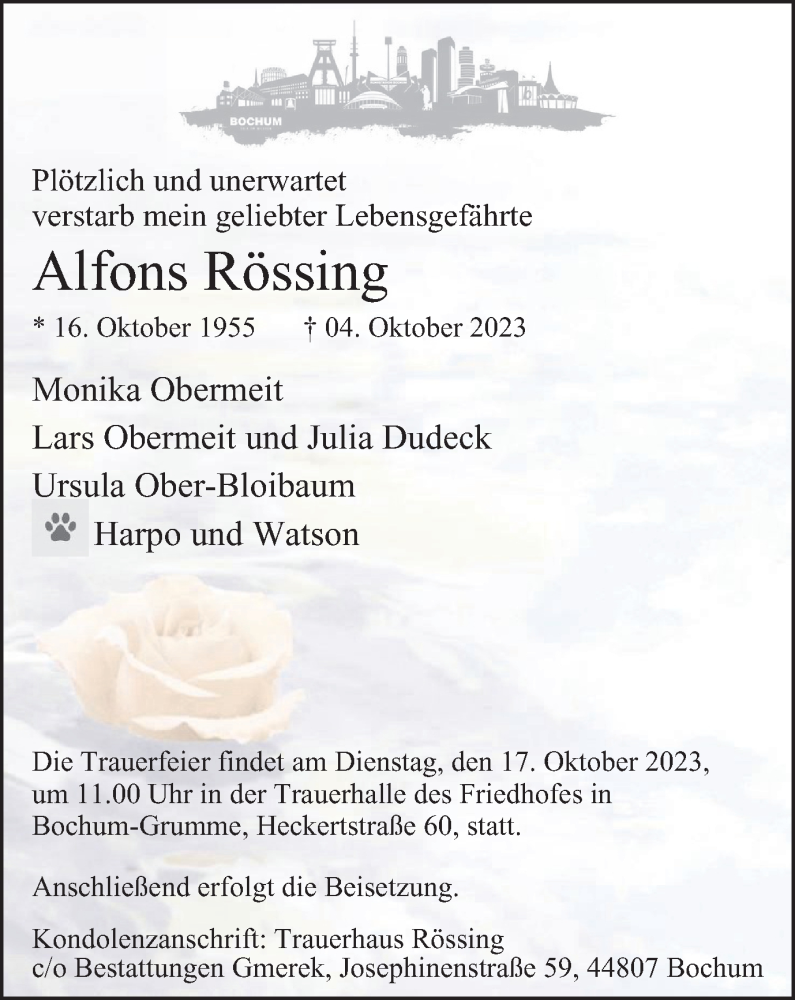  Traueranzeige für Alfons Rössing vom 14.10.2023 aus Tageszeitung