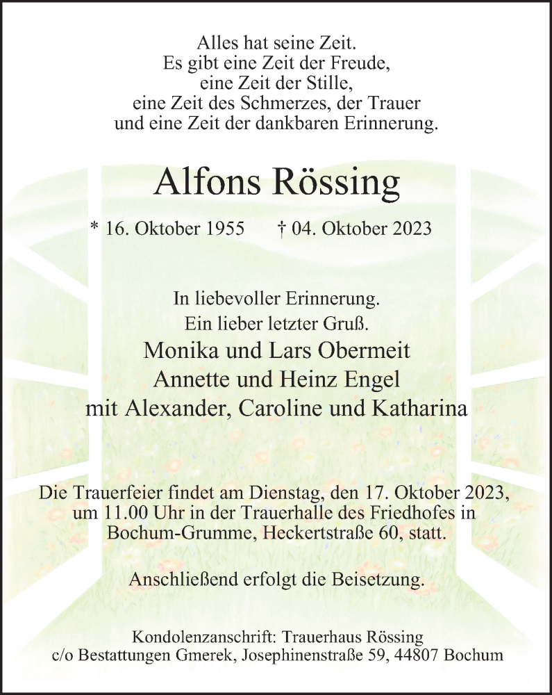  Traueranzeige für Alfons Rössing vom 14.10.2023 aus Tageszeitung