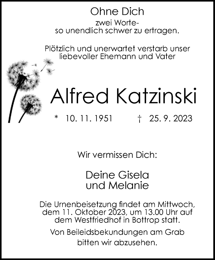  Traueranzeige für Alfred Katzinski vom 07.10.2023 aus Tageszeitung