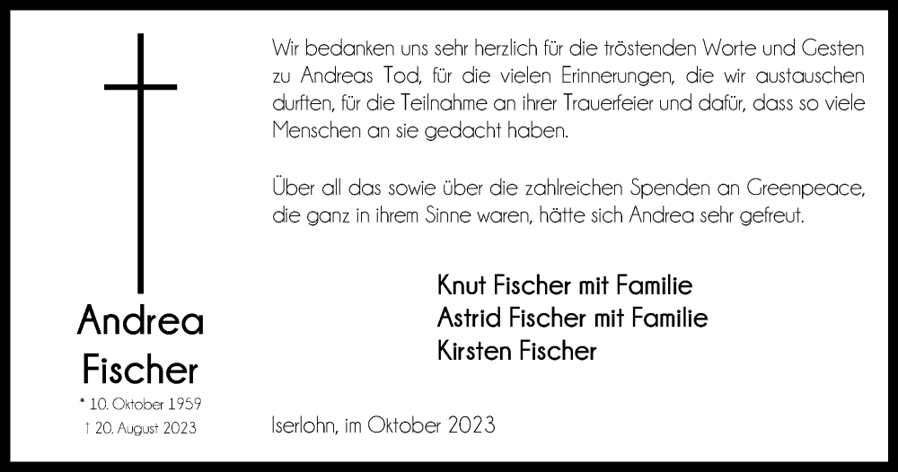  Traueranzeige für Andrea Fischer vom 14.10.2023 aus Tageszeitung