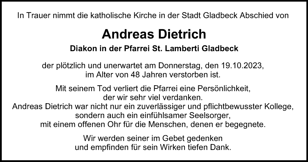  Traueranzeige für Andreas Dietrich vom 26.10.2023 aus Tageszeitung