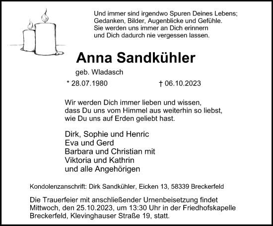 Traueranzeige von Anna Sandkühler von Tageszeitung