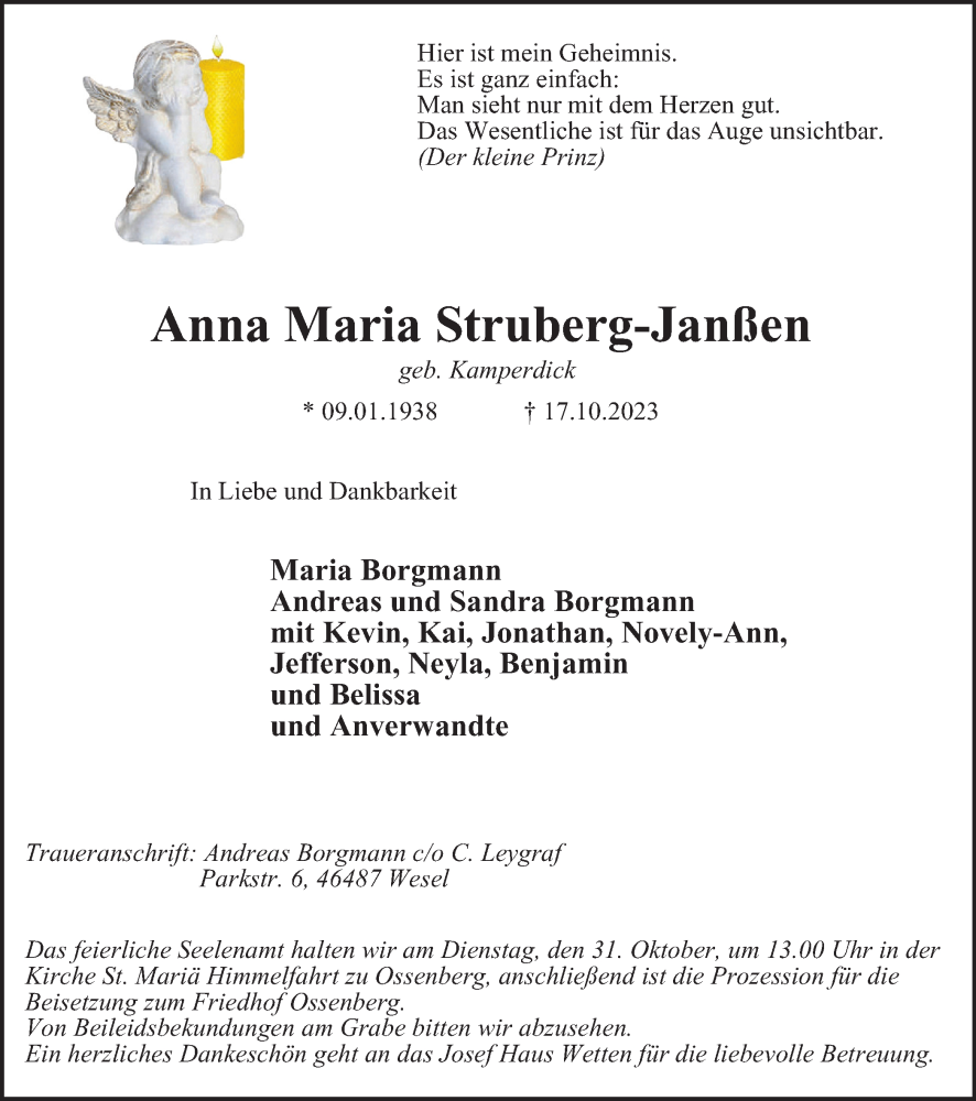  Traueranzeige für Anna Maria Struberg-Janßen vom 28.10.2023 aus Tageszeitung