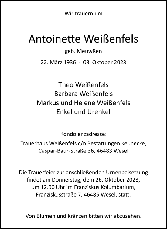 Traueranzeige von Antoinette Weißenfels von Tageszeitung