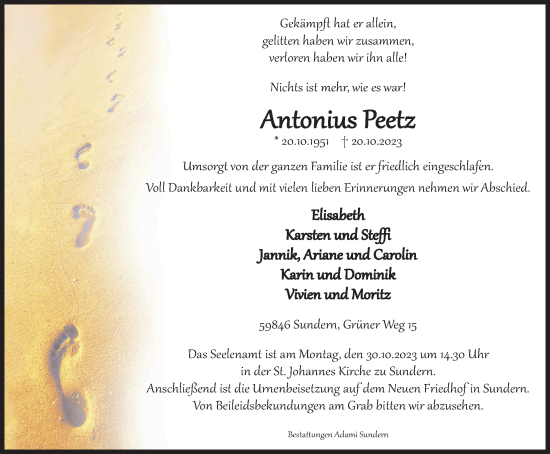 Traueranzeige von Antonius Peetz von Tageszeitung