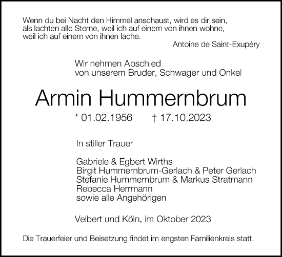 Traueranzeige von Armin Hummernbrum von Tageszeitung