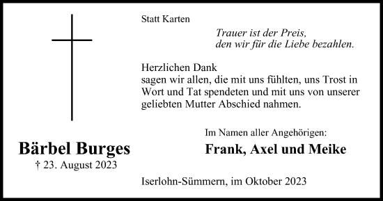 Traueranzeige von Bärbel Burges von Tageszeitung