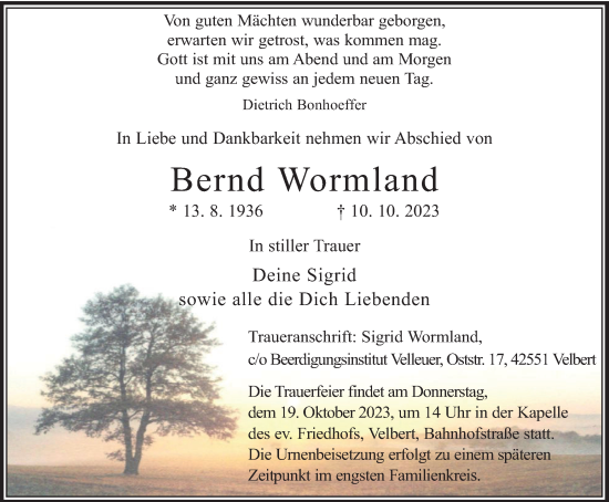 Traueranzeige von Bernd Wormland von Tageszeitung