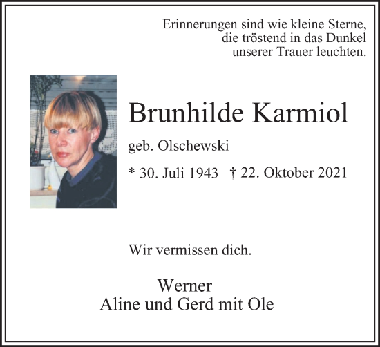 Traueranzeige von Brunhilde Karmiol von Tageszeitung