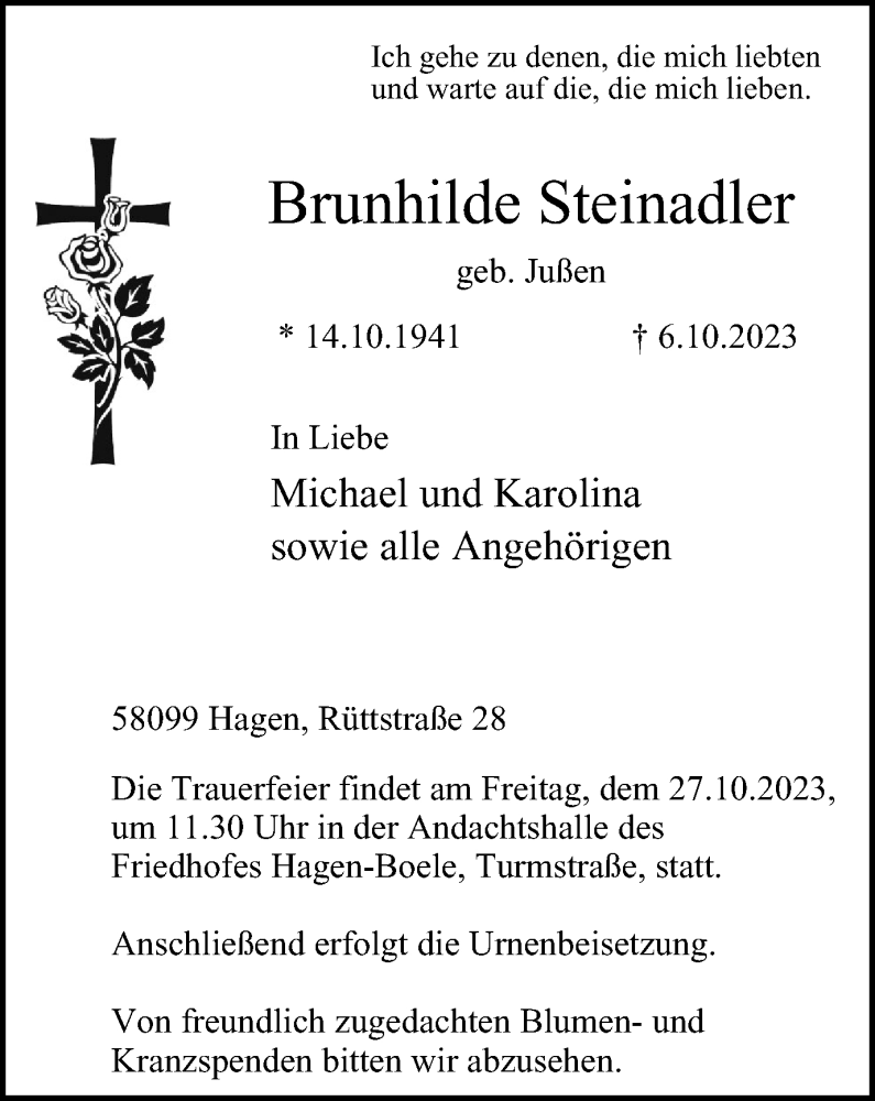  Traueranzeige für Brunhilde Steinadler vom 14.10.2023 aus Tageszeitung