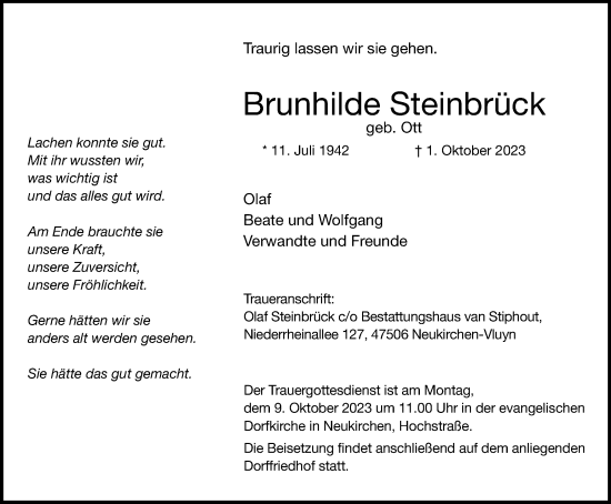 Traueranzeige von Brunhilde Steinbrück von Tageszeitung