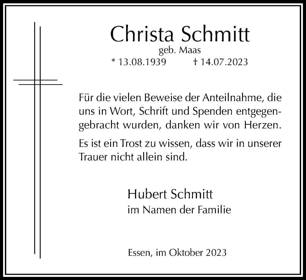 Traueranzeige für Christa Schmitt vom 06.10.2023 aus Tageszeitung
