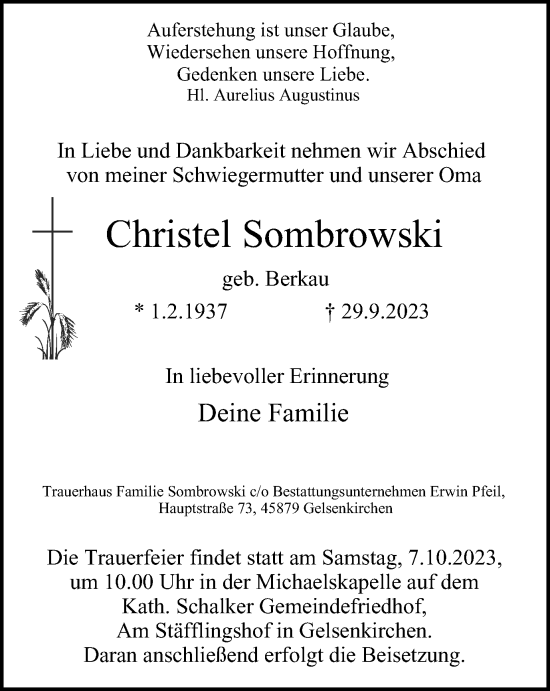 Traueranzeige von Christel Sombrowski von Tageszeitung
