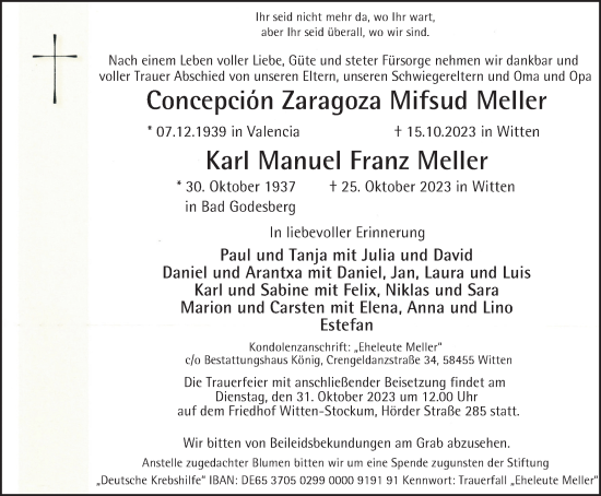 Traueranzeige von Concepción und Karl Meller von Tageszeitung