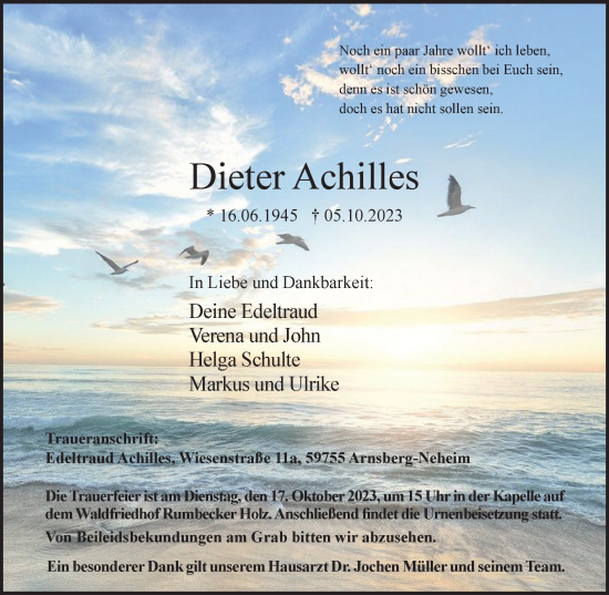 Traueranzeige von Dieter Achilles von Tageszeitung