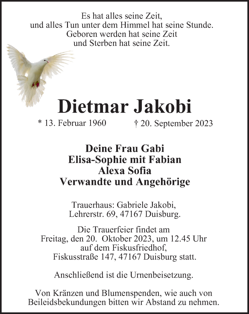 Traueranzeige für Dietmar Jakobi vom 07.10.2023 aus Tageszeitung