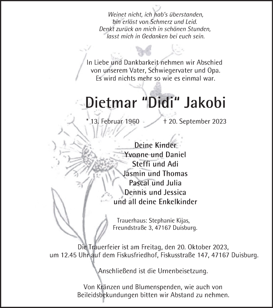  Traueranzeige für Dietmar Jakobi vom 07.10.2023 aus Tageszeitung