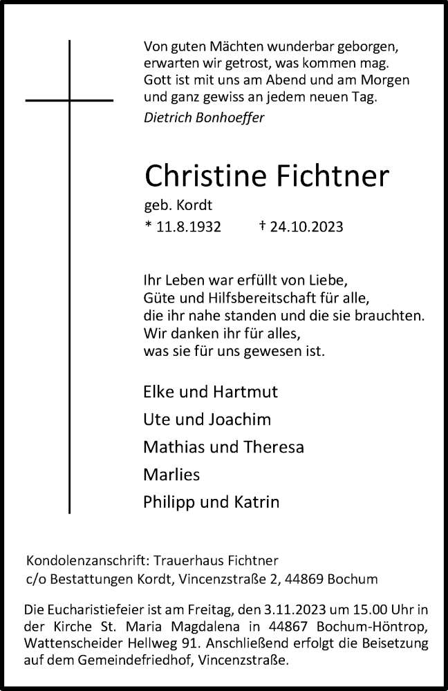  Traueranzeige für Dietrich Bonhoeffer vom 31.10.2023 aus Tageszeitung