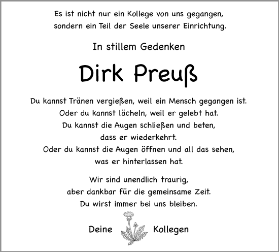 Traueranzeige von Dirk Preuß von Tageszeitung