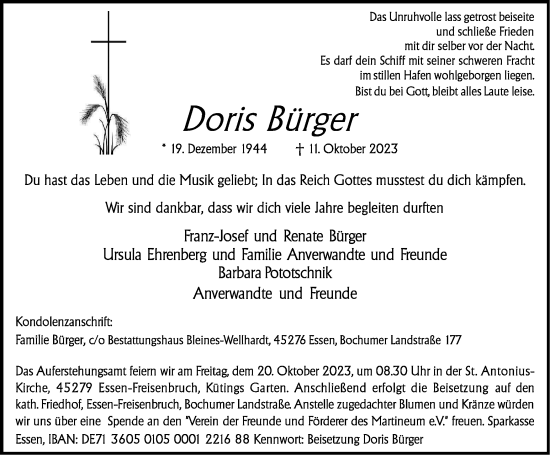 Traueranzeige von Doris Bürger von Tageszeitung