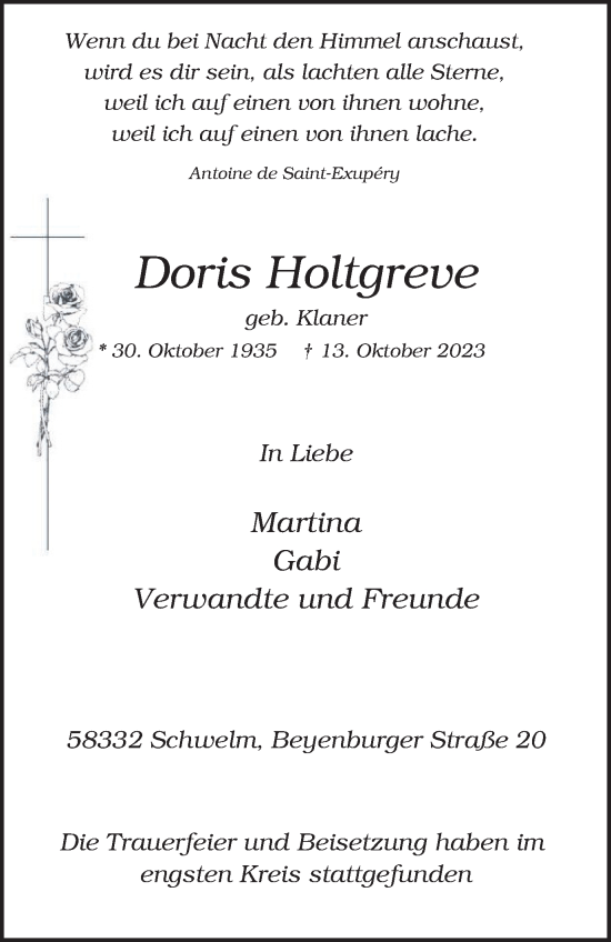 Traueranzeige von Doris Holtgreve von Tageszeitung