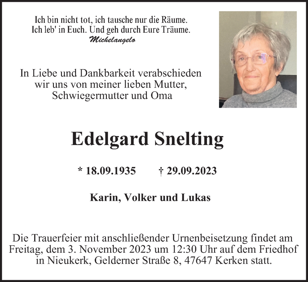  Traueranzeige für Edelgard Snelting vom 28.10.2023 aus Tageszeitung