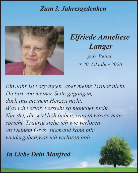 Traueranzeige von Elfriede Anneliese Langer von Tageszeitung