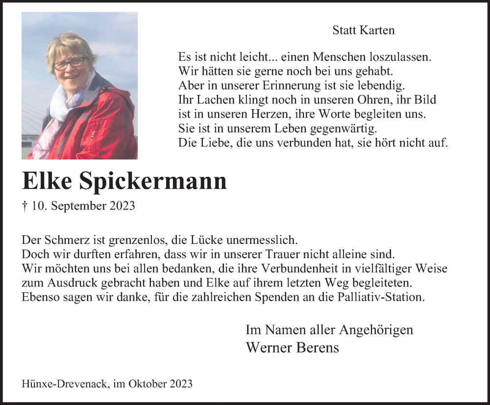  Traueranzeige für Elke Spickermann vom 28.10.2023 aus Tageszeitung