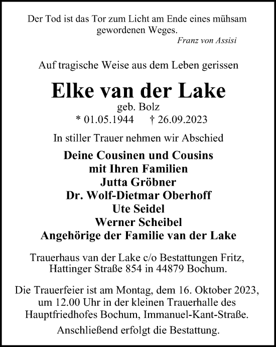 Traueranzeige von Elke van der Lake von Tageszeitung