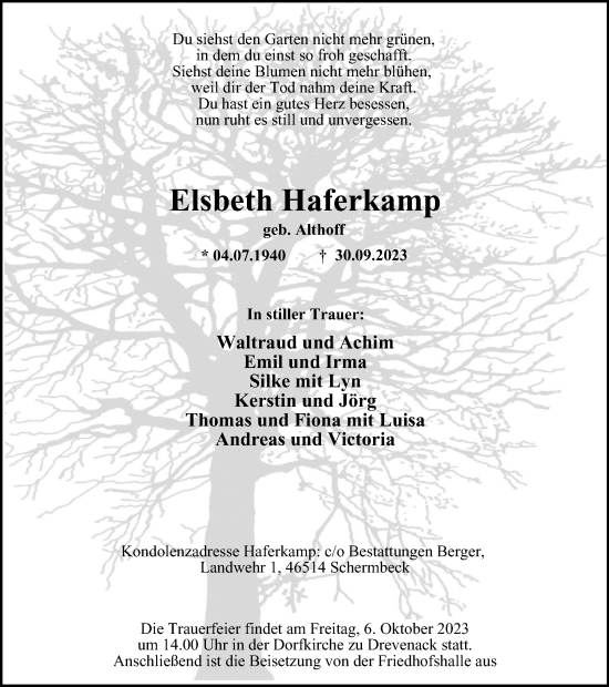 Traueranzeige von Elsbeth Haferkamp von Tageszeitung