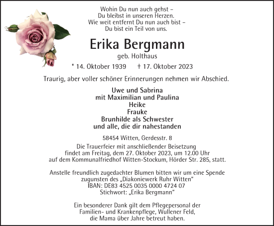 Traueranzeige von Erika Bergmann von Tageszeitung